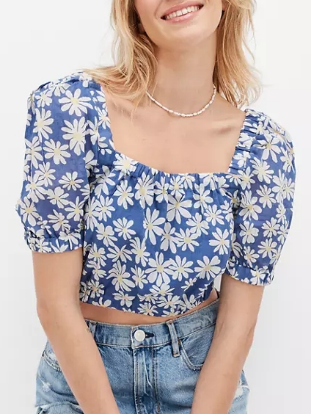 American Eagle Aeo Blue Daisy Puff-Sleeve Bubble Crop Top Cotton Large Nwot